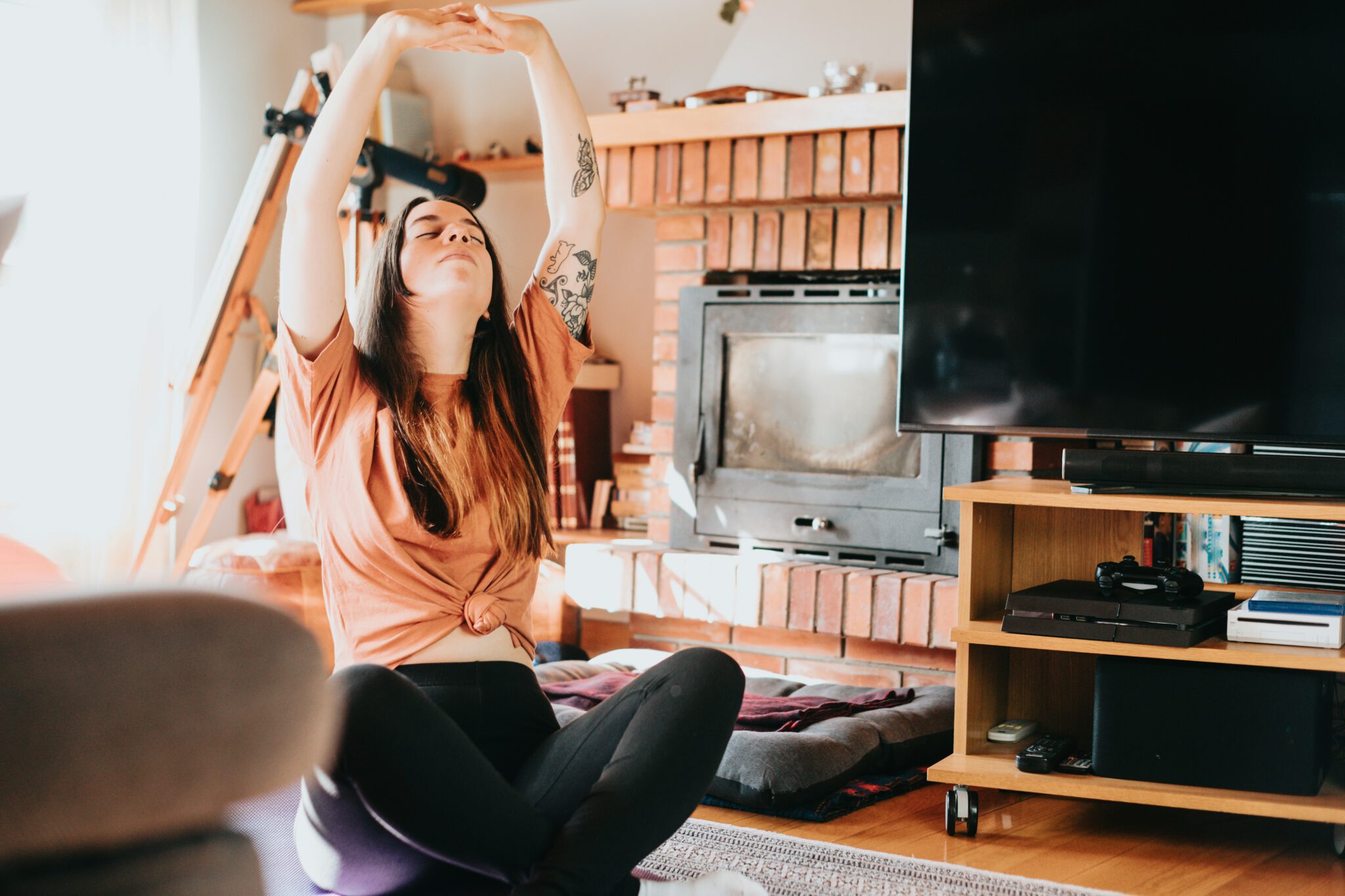 Yoga on the floor in the living room